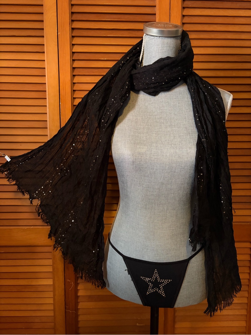 Y2K Sequin Panel Flowy Rayon Frayed Edge Grunge Scarf